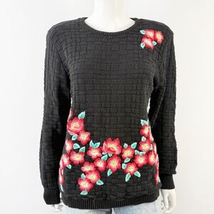 Vintage Evan Picone Black Floral Embroidery Sweater Size M Casual Preppy Classic